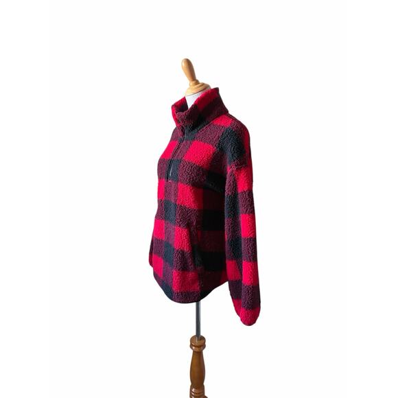 Old Navy Womens Black & Red Buffalo Plaid Fleece Half-Zip Pullover Sweater- Sz L - Picture 5 of 5